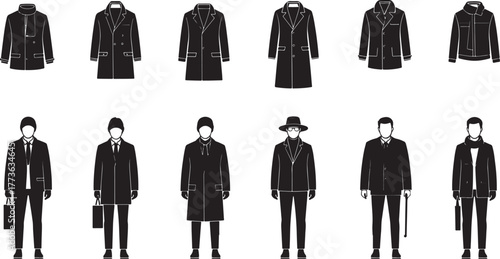 Collection of elegant silhouette icons representing men's winter outerwear and formal attire suitable for stylish winter fashion showcases