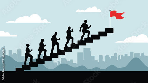 Silhouettes of diverse professionals ascending stairs towards a red flag symbolizing achievement and success in a modern cityscape