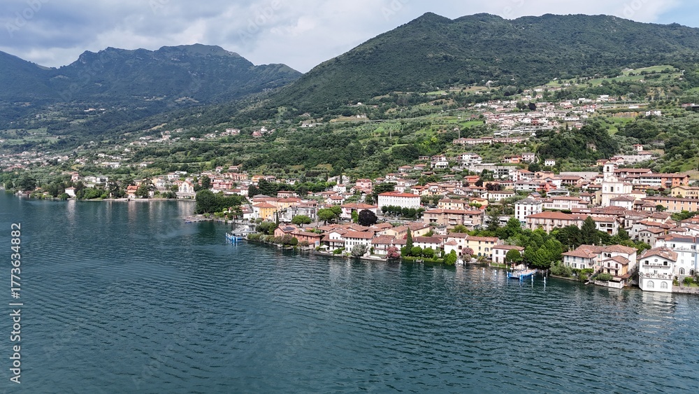 Fototapeta premium Sulzano town on Lake Iseo Italy drone,aerial