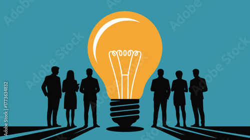 Diverse team of professionals gathers around a brilliant idea represented by a giant glowing lightbulb, symbolizing innovation and collaboration in business growth.