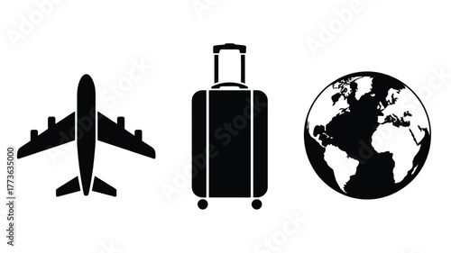 Seamlessly plan global adventures with iconic travel icons representing flight, luggage, and the world, inspiring wanderlust and exploration.