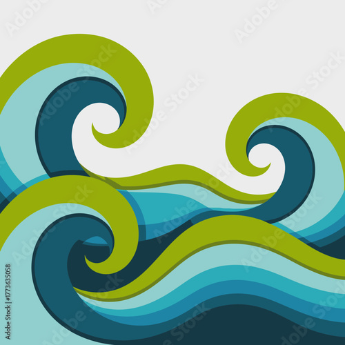 These vibrant waves in varying shades of blue and green create a sense of depth and motion. Their flowing shapes depict energy and the beauty of oceanic currents.