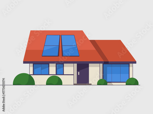 A sleek and modern house featuring solar panels promotes sustainability, showcasing contemporary architecture blending harmoniously with eco-friendly living.