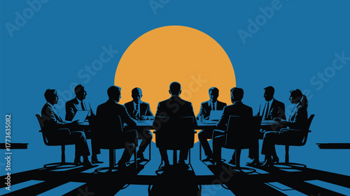 Diverse business team collaborates in modern boardroom, making strategic decisions with a bright future ahead.