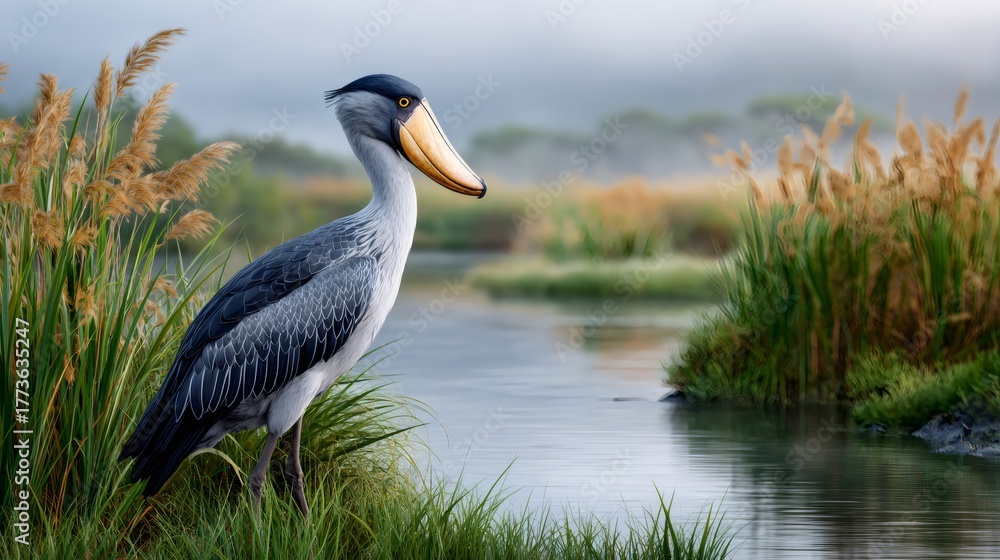 Obraz premium Shoebill standing by wetland river in foggy morning