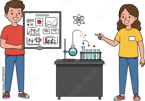 Cartoon science lab illustration, students with experiment board, laboratory equipment, chemical reaction concept, STEM education, data analysis, school project, research presentation