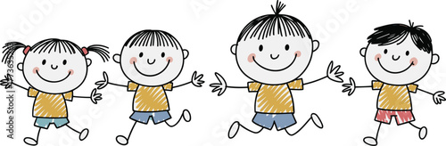 Cartoon children illustration, happy kids vector, playful childhood drawing, smiling boys and girls, running group, fun activity, education concept art