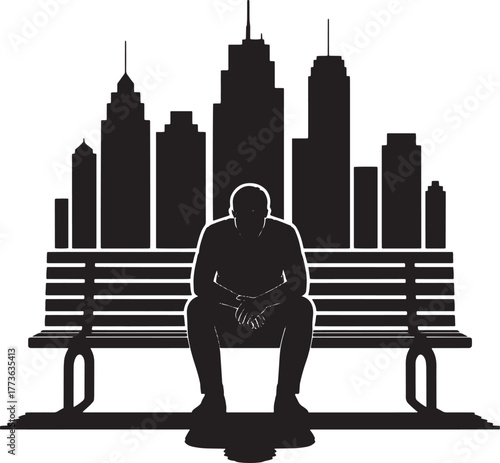 Silhouette of a man sits on park bench with skyline in the background vector
