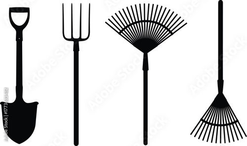 Garden tools silhouette collection, shovel rake pitchfork illustration, outdoor equipment icon set for landscaping, cad drawing flat vector illustration