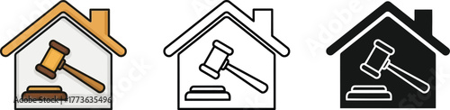 Three house icons with gavel inside in color outline and silhouette
