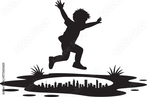 Silhouette of child jumps over puddle reflecting cityscape illustration design