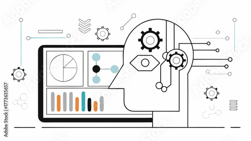 Abstract representation of artificial intelligence and data analysis with a stylized human head and digital interface elements