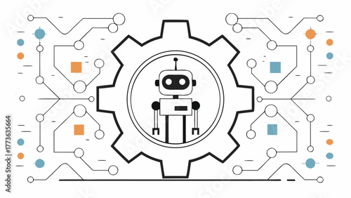 Abstract robot illustration within a gear surrounded by a digital circuit board pattern and colorful data points
