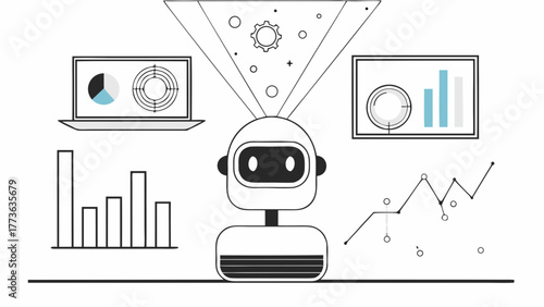Robot analyzing data and generating insights with charts and graphs on screens