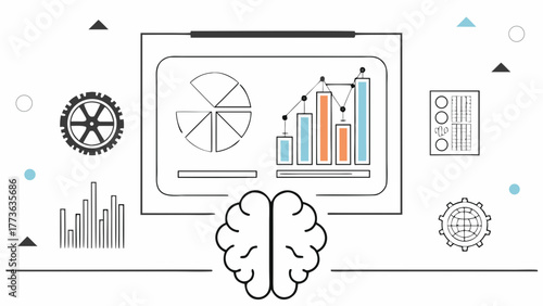 Conceptual illustration of data analysis and artificial intelligence with charts graphs gears and a brain