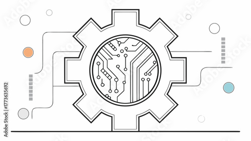 Abstract digital gear with integrated circuit board and connecting lines symbolizing technology and innovation