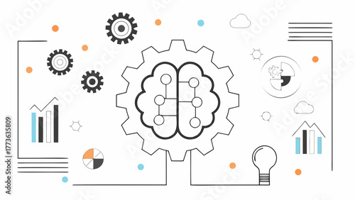 Conceptual illustration of artificial intelligence and machine learning processes with gears brain and data visualization elements