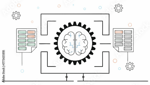 Conceptual illustration of artificial intelligence processing data through a central gear mechanism connected to information sheets