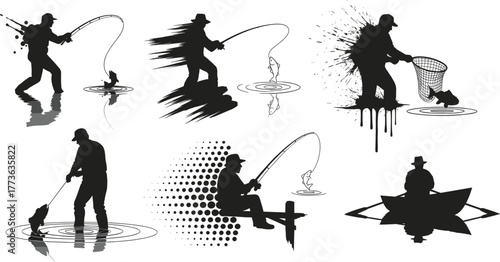 Fishing silhouette illustration, fisherman with rod, catching fish, boat fishing, dock fishing, net fishing, retro style