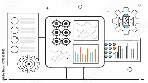 Digital dashboard displaying data analysis charts graphs and gears representing system processes