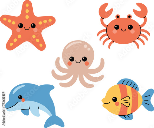 Cartoon sea animals, happy marine life, starfish crab octopus dolphin fish, underwater creatures, ocean wildlife, aquatic illustration, colorful vector art, kids design