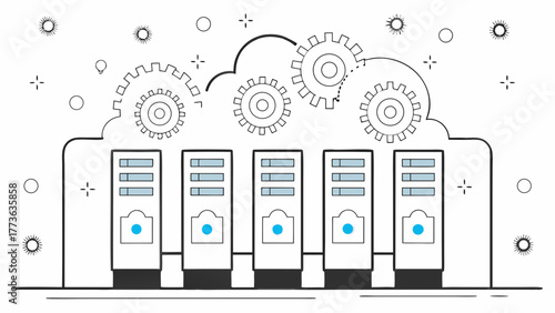 Cloud computing infrastructure with interconnected servers and gears representing processing and automation