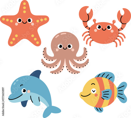 Cartoon sea animals illustration, cute starfish crab octopus dolphin fish, colorful marine life vector, kids education design, underwater ocean creatures art