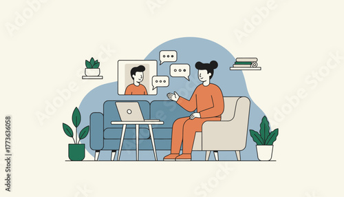 A freelancer engaging in a video call on a laptop discussing a project with a client from their living room emphasizing remote client interactions.