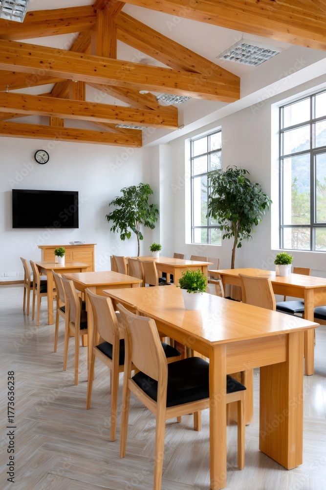 Fototapeta premium Empty contemporary classroom with wooden furniture and exposed beams
