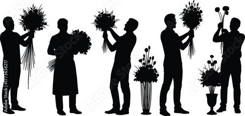 Floral arrangement silhouettes, florist working with flowers, bouquet design process, creative flower arranging, professional florist illustration