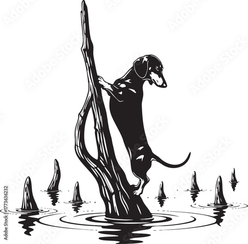 Dog on Branch Silhouette Vector