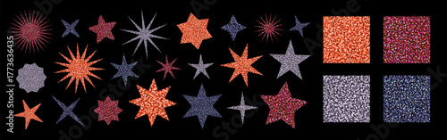 Glitter seamless patterns and star shaped stickers. Shiny vector sequin textures in silver, rose gold, and purple, sparkling disco style. Ideal for christmas designs. Drag to swatches panel to use