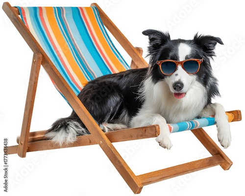 Border Collie Dog Wearing Orange Sunglasses Resting on Colorful Striped Deck Chair isolated on a transparent background
