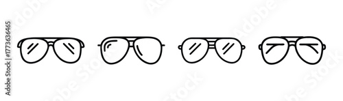 Collection of four hand-drawn aviator sunglasses icons with reflective lenses