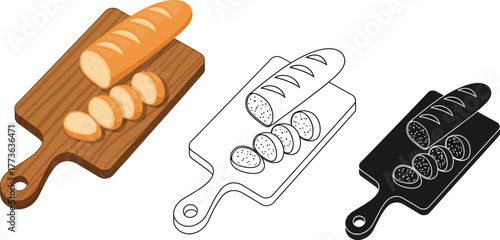 Three illustrations of bread loaf and slices on a wooden cutting board