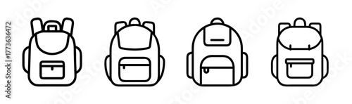 Set of four simple line art backpacks each with two shoulder straps and pocket details