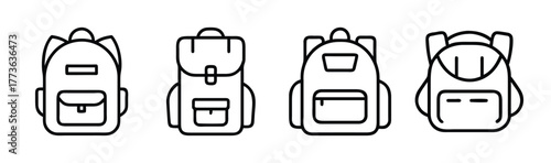 Collection of four simplified black line art icons representing backpacks with different front pocket styles