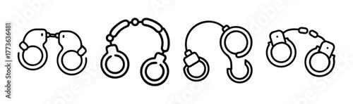 Collection of metal handcuffs linked together showing security and restraint icons