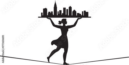Silhouette Woman on Tightrope Balancing Skyline Cityscape Elegant Vector Design