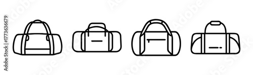 Four outline duffel bags side by side travel luggage sports gear collection