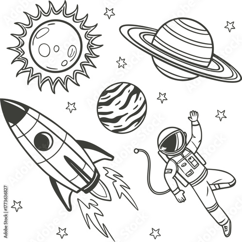 Astronaut rocket and planets space adventure silhouette