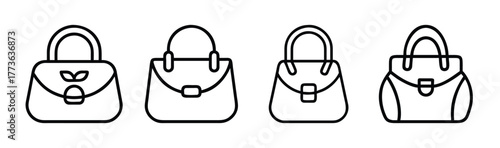 Four chic handbag icons featuring different styles and closure details for fashion design