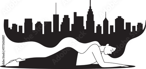 Silhouette Woman Resting Yoga Pose Against Cityscape Skyline Conceptual Illustration
