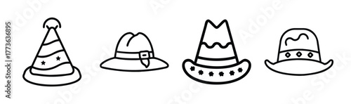 Collection of four distinct hand-drawn hats featuring a party hat cowboy hat and fedora