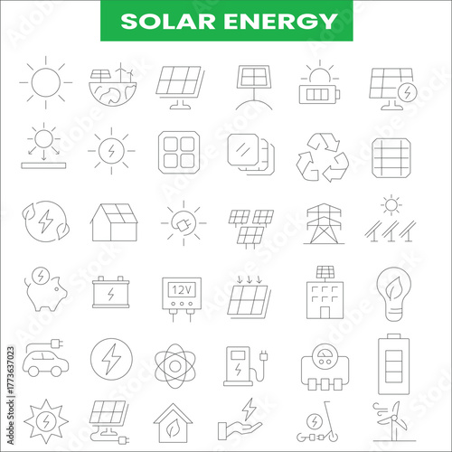 Flat design solar energy icon set for renewable power concepts.
