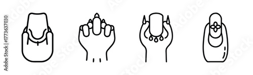 Set of four simple line drawings of fingernails adorned with jewelry or embellishments