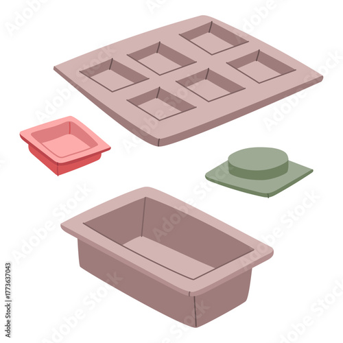 Flat colored set of silicone molds for baking, soap making, candle making, and needlework. Modern illustration of craft tools for handmade cosmetics and baking in cooking