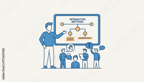 An instructor leading a live online lecture with a digital whiteboard emphasizing interactive teaching ods and audience participation.