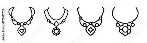 Collection of four stylized line art necklaces with pendants and gemstones