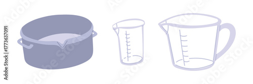 Flat color set of measuring cups and a pot for melting soap base. Soap making, candle making, and cooking. Essential kitchen utensils and beakers for precise measurement in crafts or craft projects